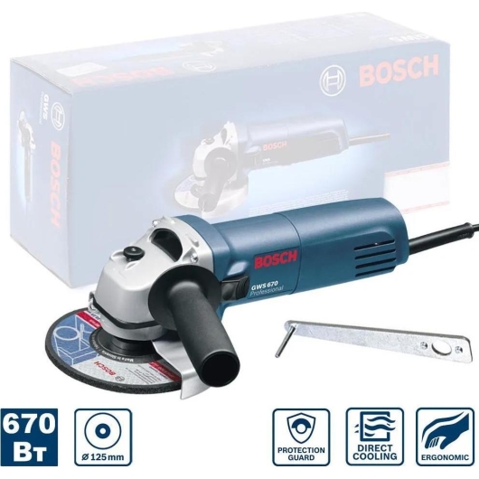 Углошлифовальная машина Bosch GWS 670 0601375606 670Вт 1200об/мин рез.шпин. M14 d-125мм